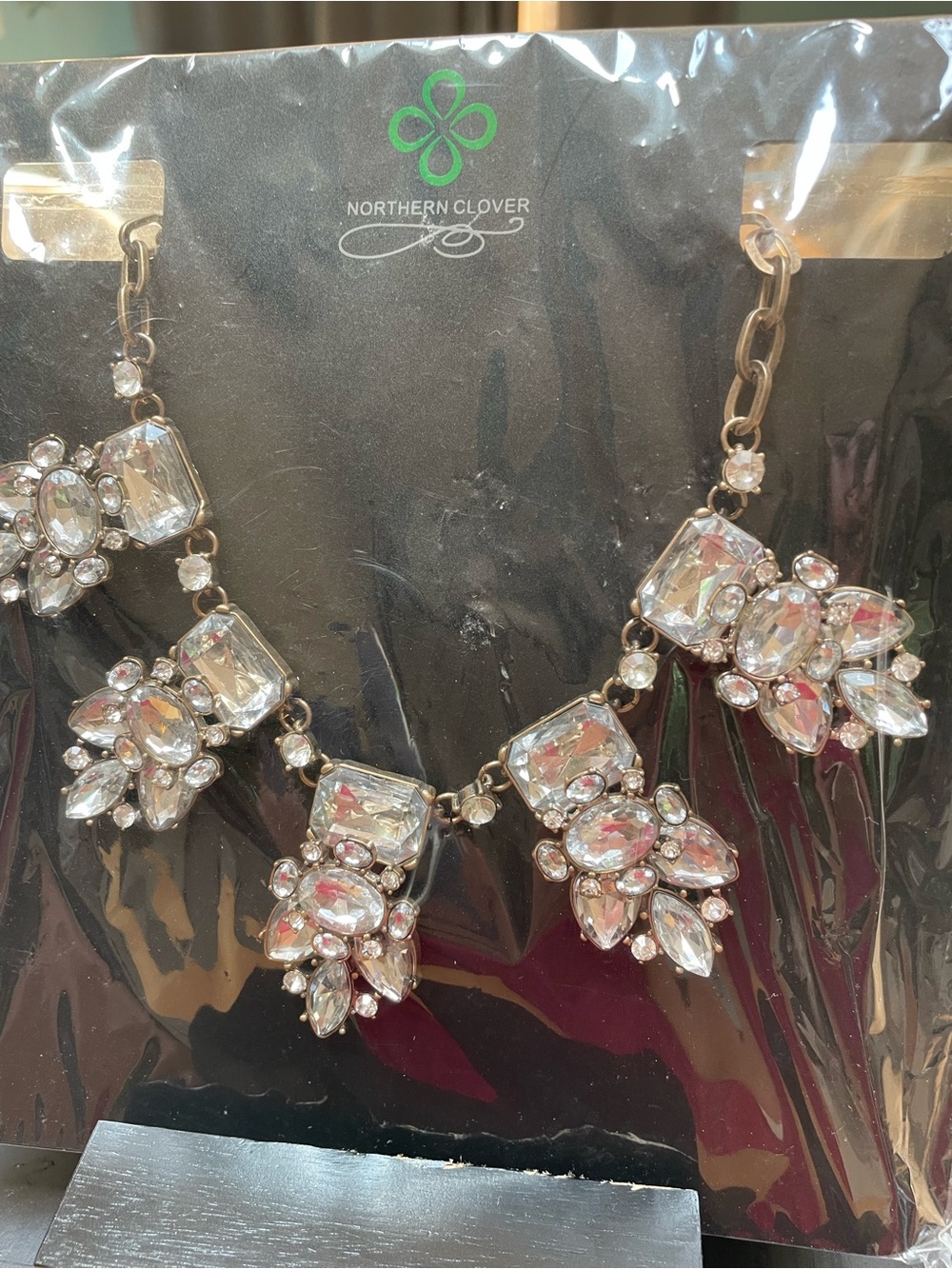 Northern Clover Crystal  Statement Necklace - Gold Tone